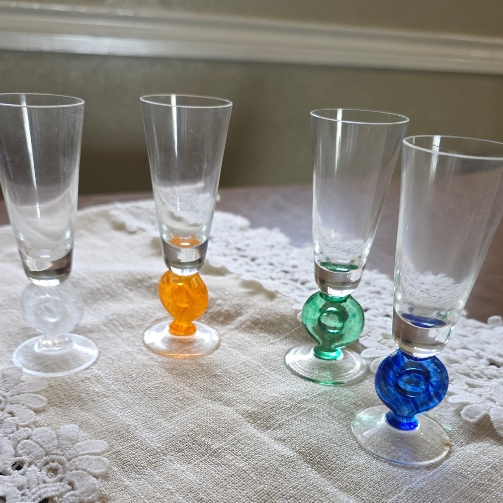 Vintage Hand Blown Cordial Glasses Set of 4 Multi Color Swirl Ball Stem 5.25"